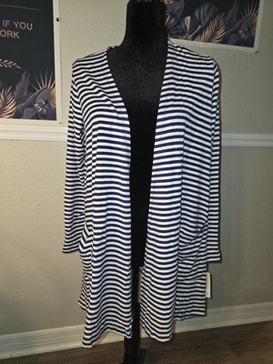 LuLaRoe Caroline Cardigan Sweater Navy/White Striped Open Front Long Sleeve M