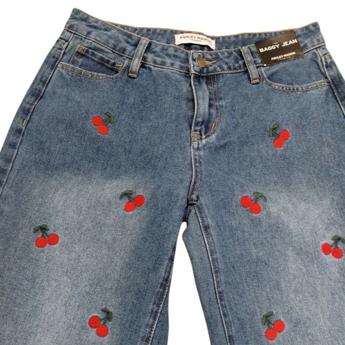 Jeans holgados Ashley Mason bordados cereza acampanados pierna ancha talla 9 29 azul oscuro - Imagen 7 de 11