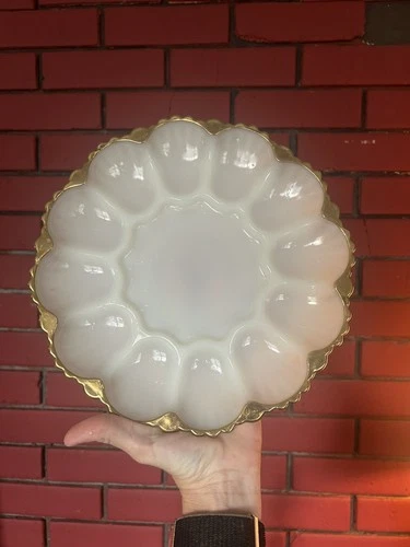 Vintage Anchor Hocking Fire King Milk Glass Deviled Egg Plate With Gold Trim