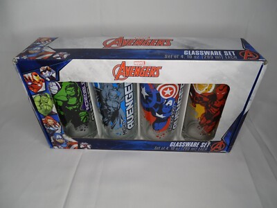 Marvel Avengers Glassware Set of 4 (10 oz) Silver Buffalo - Hulk, Thor ...