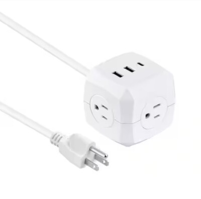 Power Cube With USB Ports 5 ft Power Extension Cord 3 AC Outlets, USB-A/USB-C