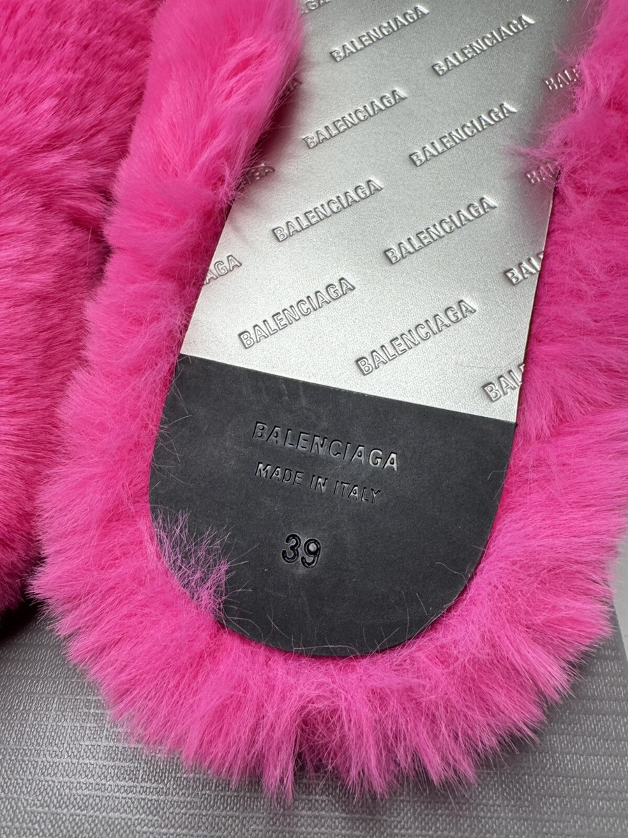 $825 Balenciaga Fluo Pink Faux Fur Teddy Mules Size 39