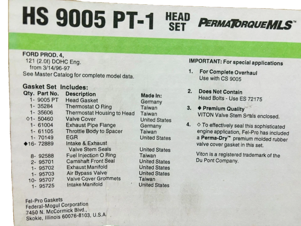 Juego de juntas de culata de motor Fel-Pro HS 9005 PT-1 PARA FORD CONTOUR 2.0L DOHC hs9005pt1 Foto 4 de 4