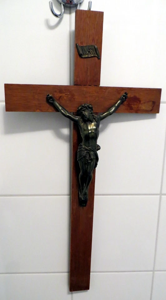 großes antikes Kreuz-Kruzifix-Jesusfigur aus Bronze/Messing-Holzkreuz-VOR 1900- - Bild 1 von 1