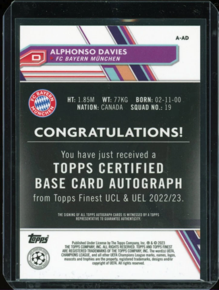 2022 Topps Finest ALPHONSO DAVIES autograph AUTO 🇨🇦 - Image 2 of 2
