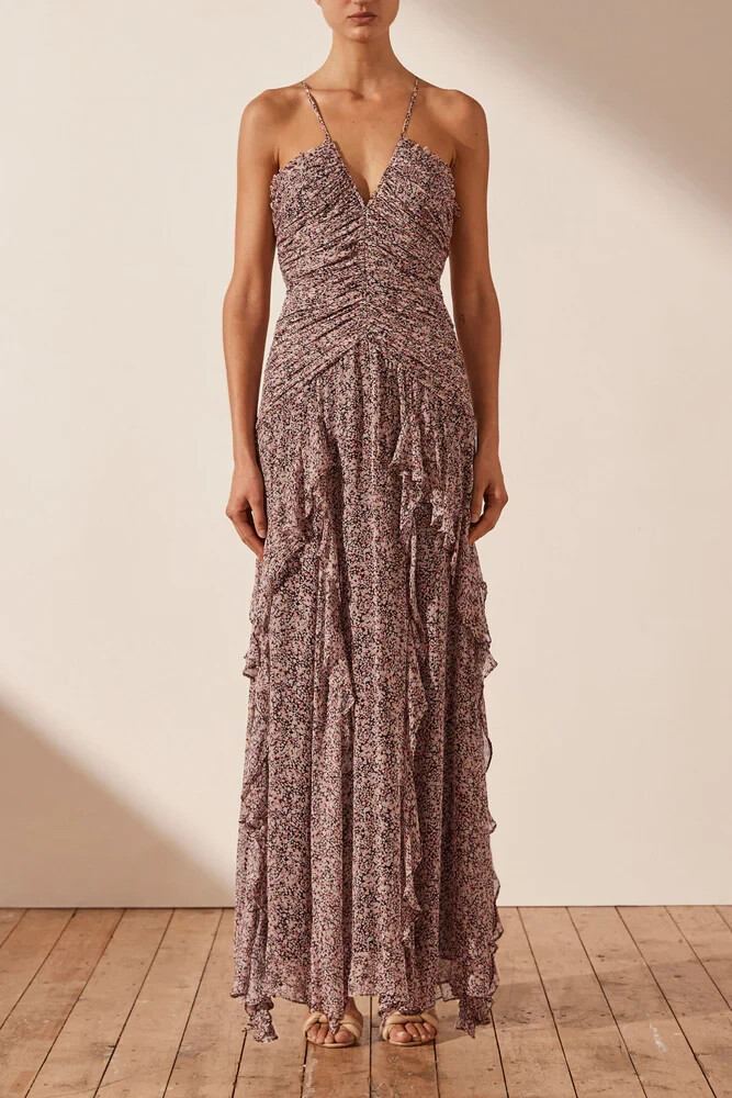 Shona Joy Cynthia Ruched Frill Fully Lined Chiffon Maxi Stunning Dress US 2 NWT