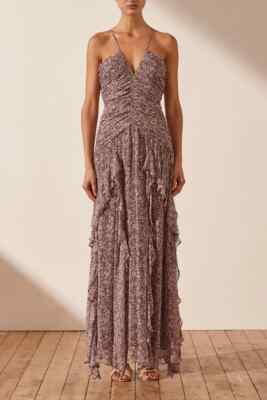 shona joy ruched frill maxi dress Shona Joy Cynthia Ruched Frill Maxi Dress