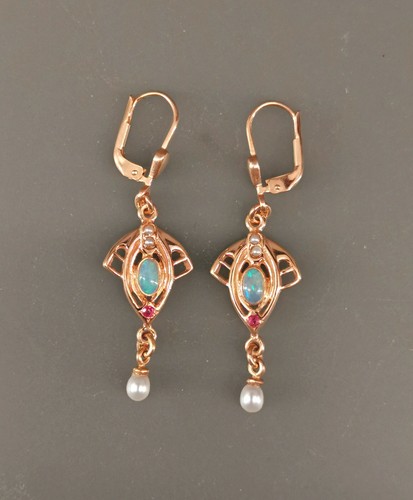9906046-ds 925er Silver Gold Plated Nouveau Earrings With Opal Freshwater Pearls - Picture 3 of 4