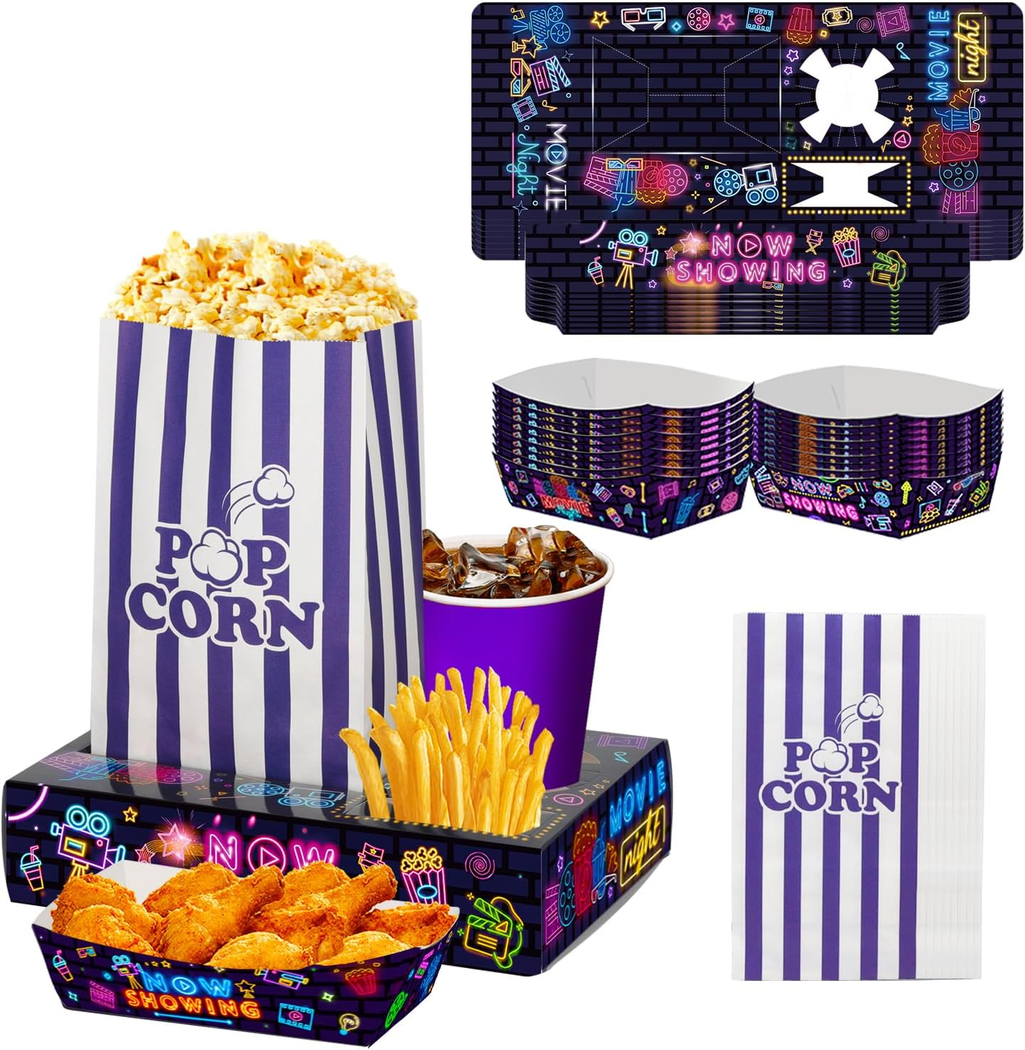 60 Pcs Movie Night Kit with Neon Snack Trays & Bags for Fun Family Nights