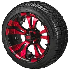 (4) Golf Cart 205/30-12 Deli Low Profile Tires on 12x7 Black/Red Vampire Wheels