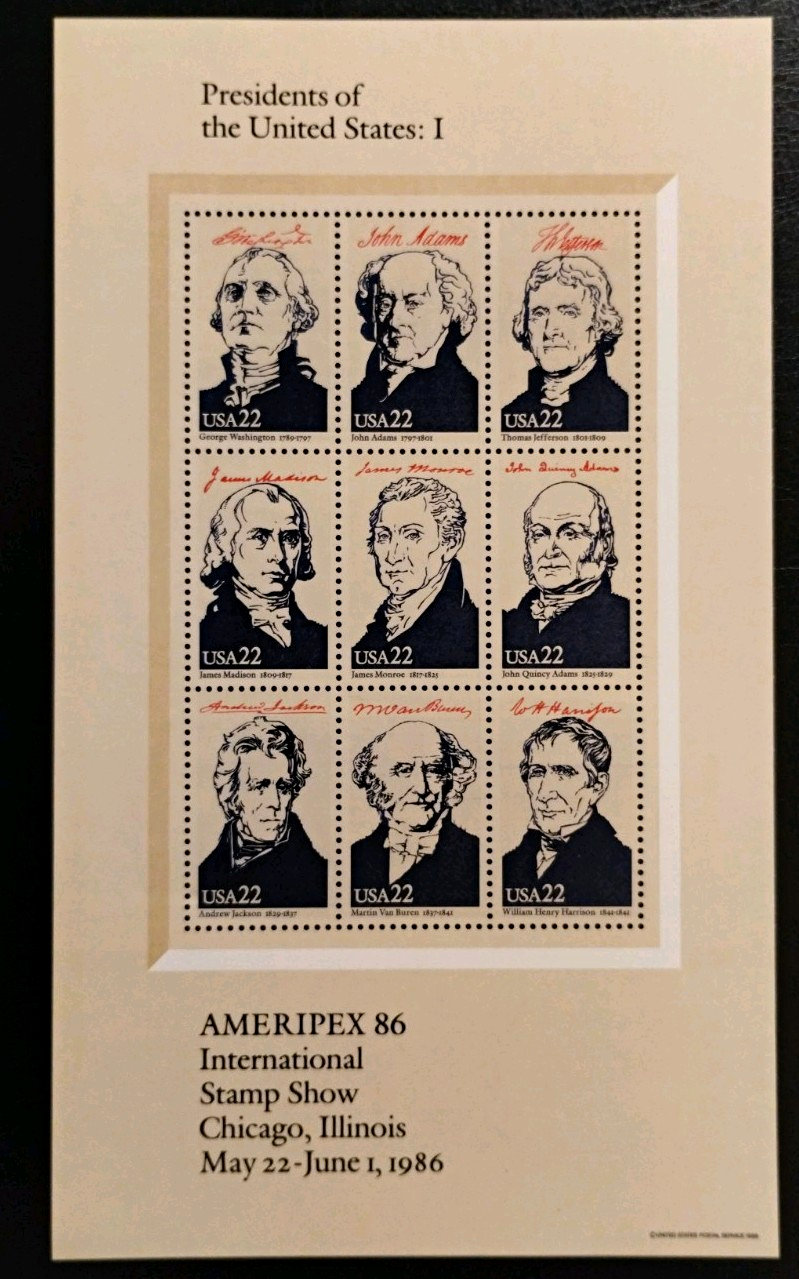 USPS Ameripex ’86 Presidents of the United States 22¢ Souvenir Sheet, MNH