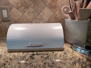 white and wood countertop bread box  Zeller bread bin 15.35"L x 11.02"W x 6.42"H