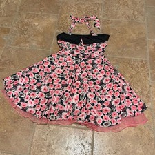 JERRY BECK Pink Black Floral Halter Pinup Retro Dress Size Large