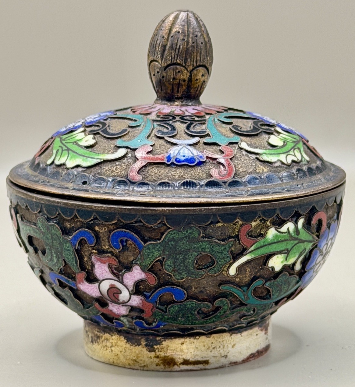 Vintage Chinese Cloisonné Enamel Mini Censer Lidded Pot 6cm Floral Decorative