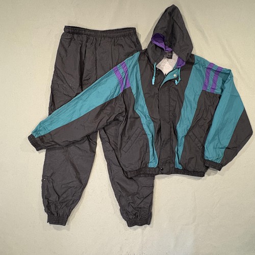 VTG Cherokee Tracksuit Set Mens L Gray Teal Purple Nylon Windbreaker Jogger 90s
