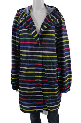 Joules Womens Raincoat Windbreaker Striped Dark Blue Button Polyester Size 12
