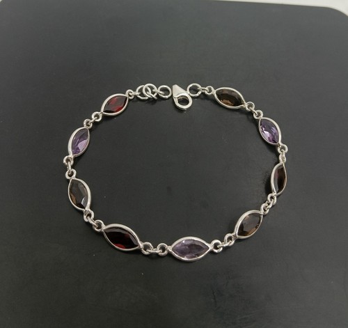 925 Sterling Silver Natural Garnet, Amethyst, Smoky Quartz Bracelet Jewelry B-14 - Picture 6 of 11