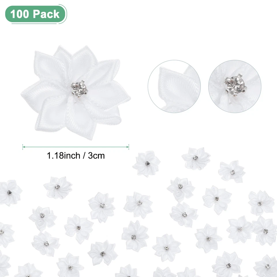 100 PIEZAS Flores de Cinta de Satén, Flores de Tela de 1.2" para Artesanía [Blanco] Foto 3 de 4
