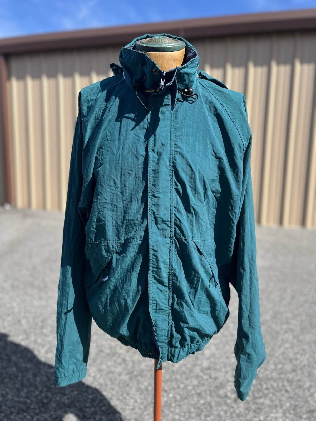 Vintage Field & Stream Vantage Cloth Hooded Windbreaker Jacket Teal Large 1980s