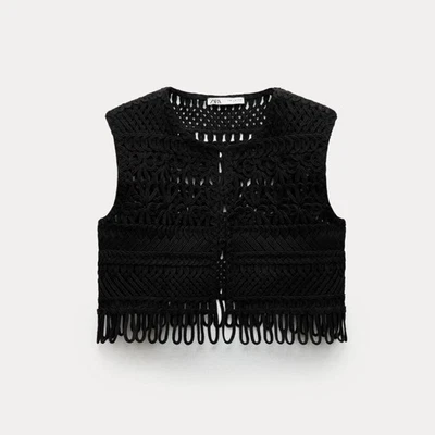 ZARA Black Macrame Cropped Vest Gilet Waistcoat with Fringing Size L 2142/119 - Image 1 of 4