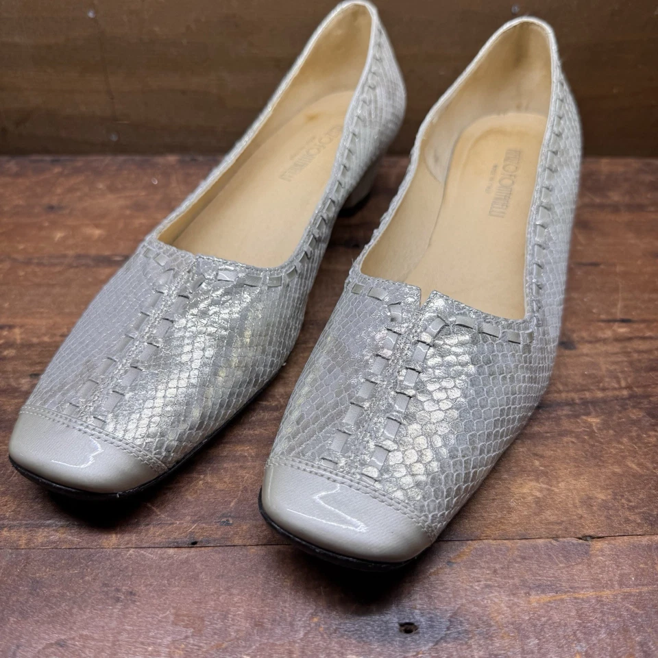 Renzo Fontanelli Mujer Talla 10.5 AA Cuero Genuino Plateado Sin Cordones Tacón Gatito Foto 2 de 4