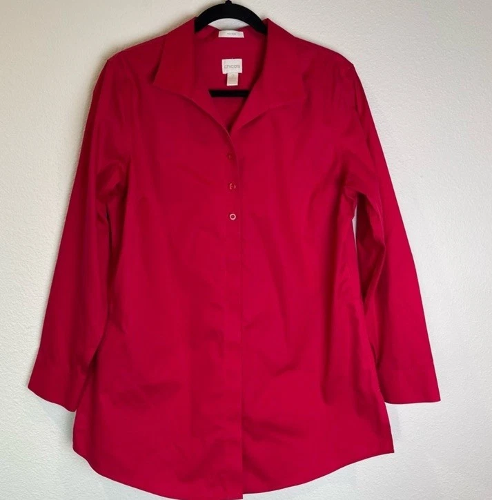 Chico’s Effortless 棉鞋底衬衫 无铁纽扣上衣 尺寸 2 大号 红色 — 第 2/4 张图片