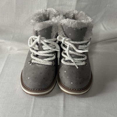 Cat And Jack Lace up/ side zip faux fur lined boots toddler girl 8 Grey stars