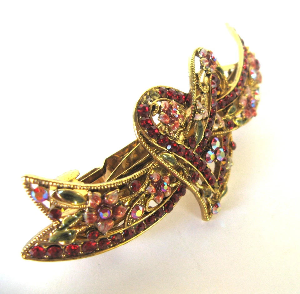 🐸De colección Cordón de pelo con estrás Clip Punta BORGOÑA ROJO CORAZÓN FLORAL Grande años 60 Foto 4 de 4