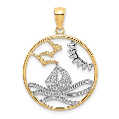 14k Bicolor Gold Maritim Segelboot Anhänger mit Sonnenwellen Möwen Ozean Charm