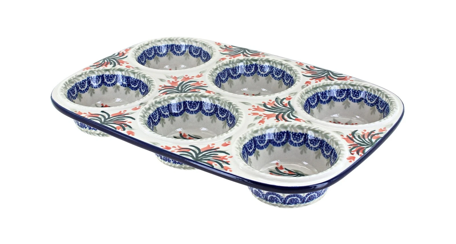 Blue Rose Polish Pottery - Orange Spring Tulip Muffin Pan - 11.5" x 8" - Cera...