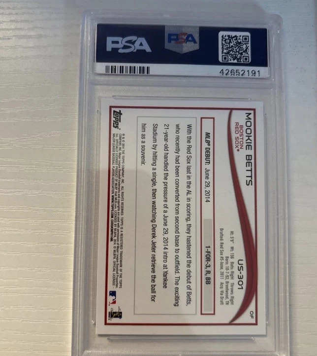 2014 Topps Update #US301 Mookie Betts Red Sox Dodgers RC Rookie PSA 10 GEM MINT - Image 2 of 3