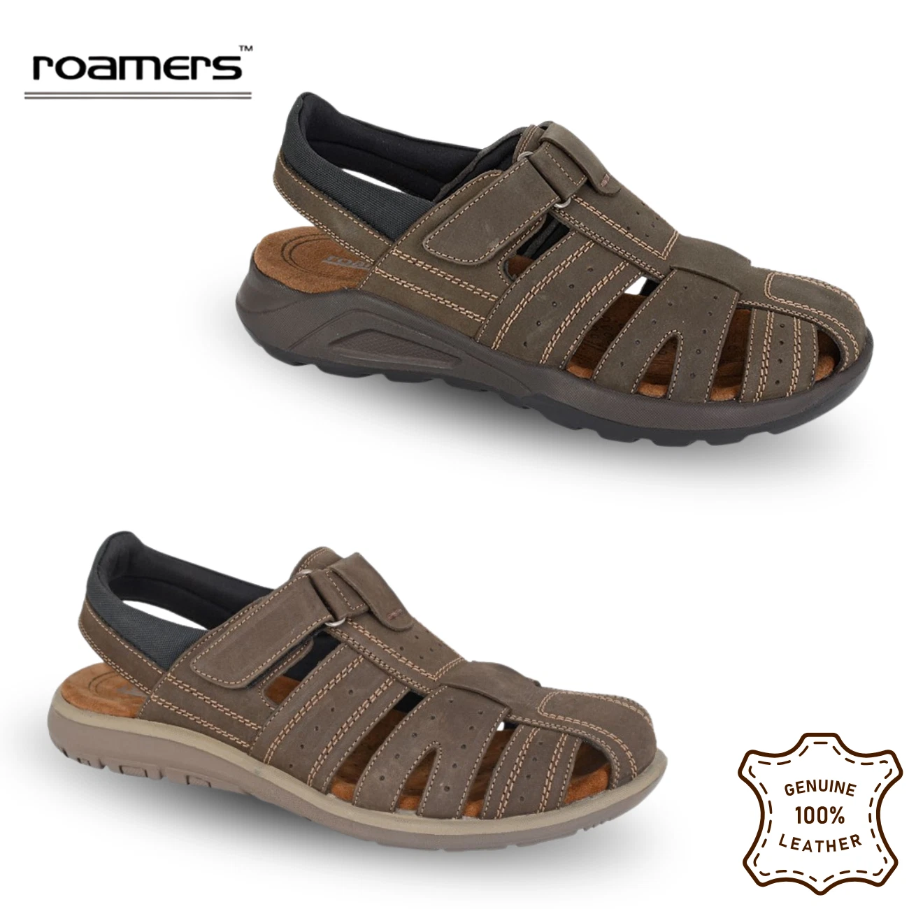Mens Closed Toe Sandals Roamers Leather Walking Ankle Support Touch Strap Flat