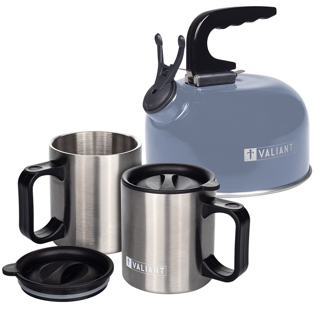 Valiant Portable Blue Camping Kettle with Insulated Twin Pack Mug Set