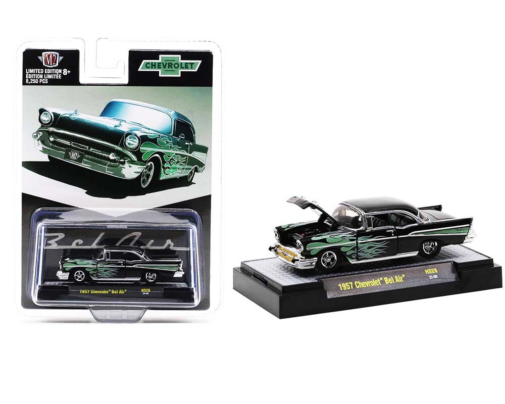 1957 CHEVROLET BEL AIR BLACK W/ FLAMES 1/64 DIECAST MODEL M2 31500