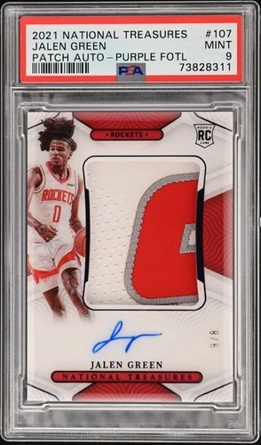 2021-22 NATIONAL TREASURES JALEN GREEN ROOKIE PATCH AUTO PURPLE FOTL #8/8 PSA 9