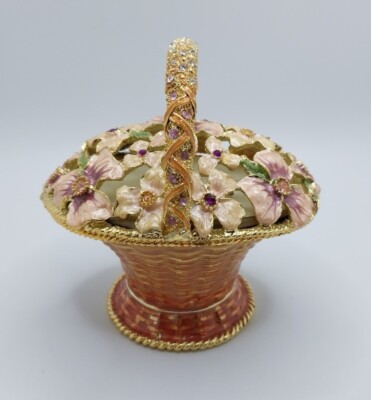 Vtg Easter Collette et Cie FLOWER BASKET MUSIC BOX Enamel Jeweled Rhinestone