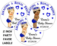 BABY SHOWER ROYAL PRINCE STICKERS LABELS for FAVORS ~popcorn, goody bags 