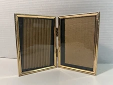 Antique Gold Engraved Double Picture Frame 3.5x5 Vintage Metal Photo Holder