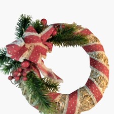 Handcrafted Straw Bale Christmas Wreath Cottage Red Ribbon Faux Greenery 11 inch