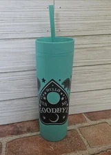 16 Oz Skinny Matte Teal Colored Tumbler With Witchy Decoration