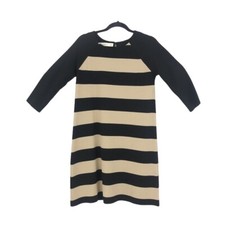 Zara Knit Womens Size Large Beige Black Stripe 3/4 Sleeve Shift Dress