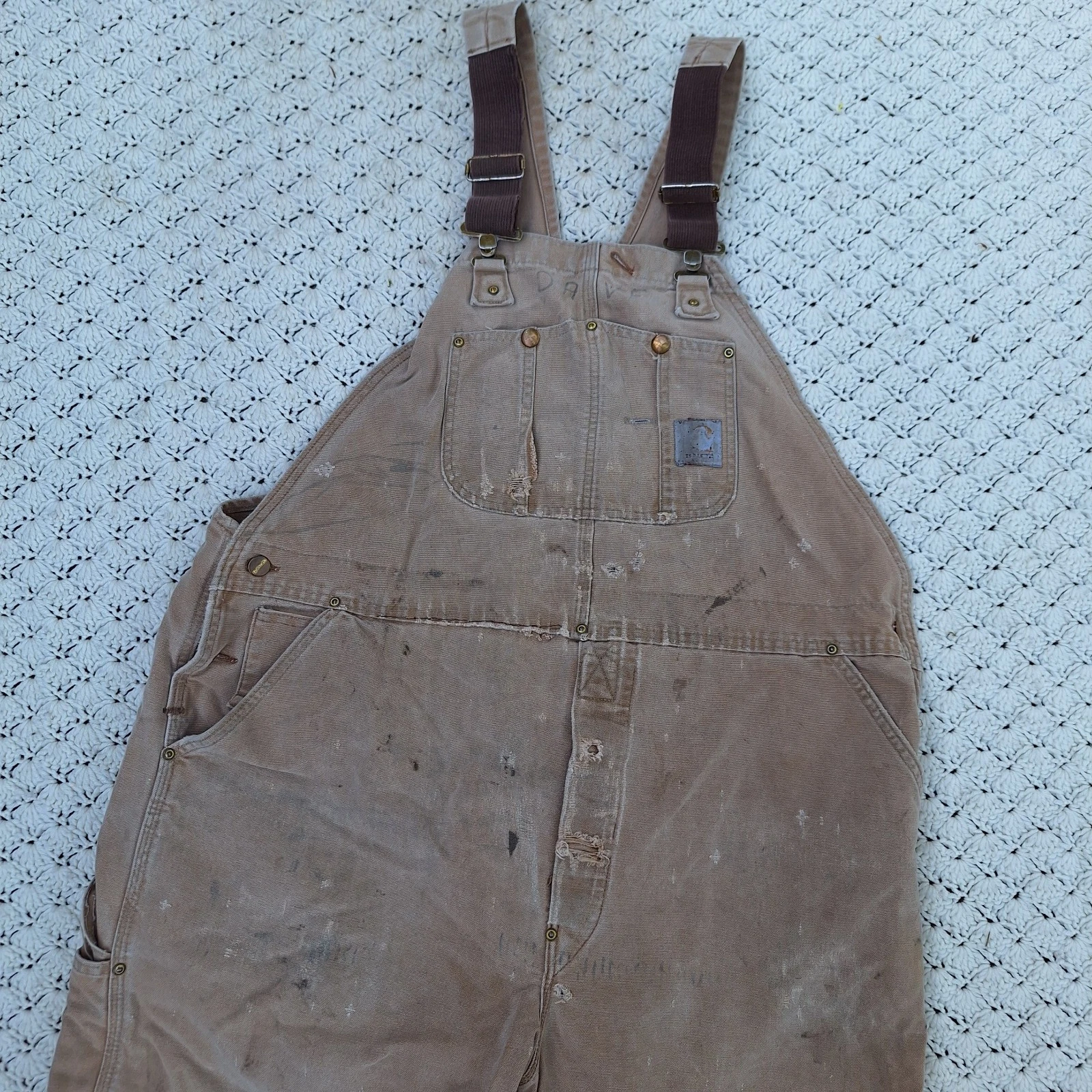 Vtg Carhartt Canvas Bib Overalls Double Knee Distressed Tan USA Made - 46x30