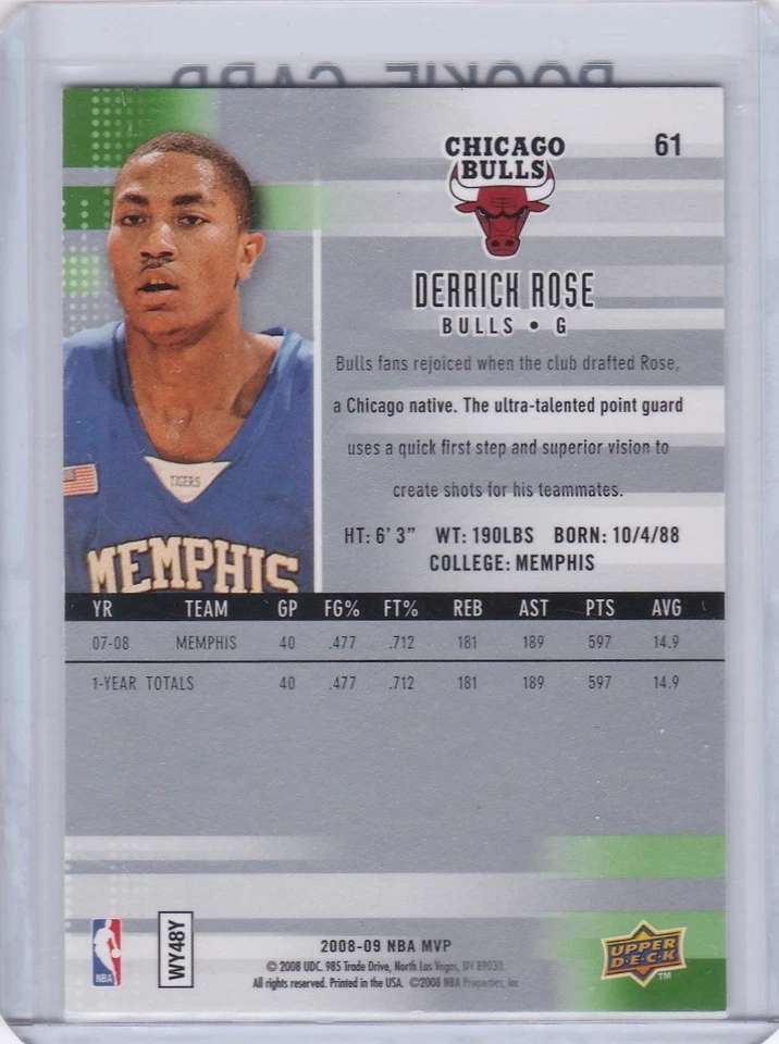 DERRICK ROSE ROOKIE CARD 2008 Upper Deck Victory #61 BASKETBALL RC Chicago Bulls - Image 2 of 2
