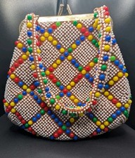 1950s 1960s Multi Colored Bead Purse, Vintage Beaded Handbag