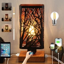 Industrial Table Lamp with USB Ports and Outlet, Rustic Dimmable Bedside lamp...