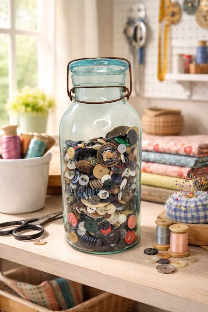 Vintage Aqua Lightning Jar w/ Wire Bail & Glass Lid #234 Filled w/ Old Buttons