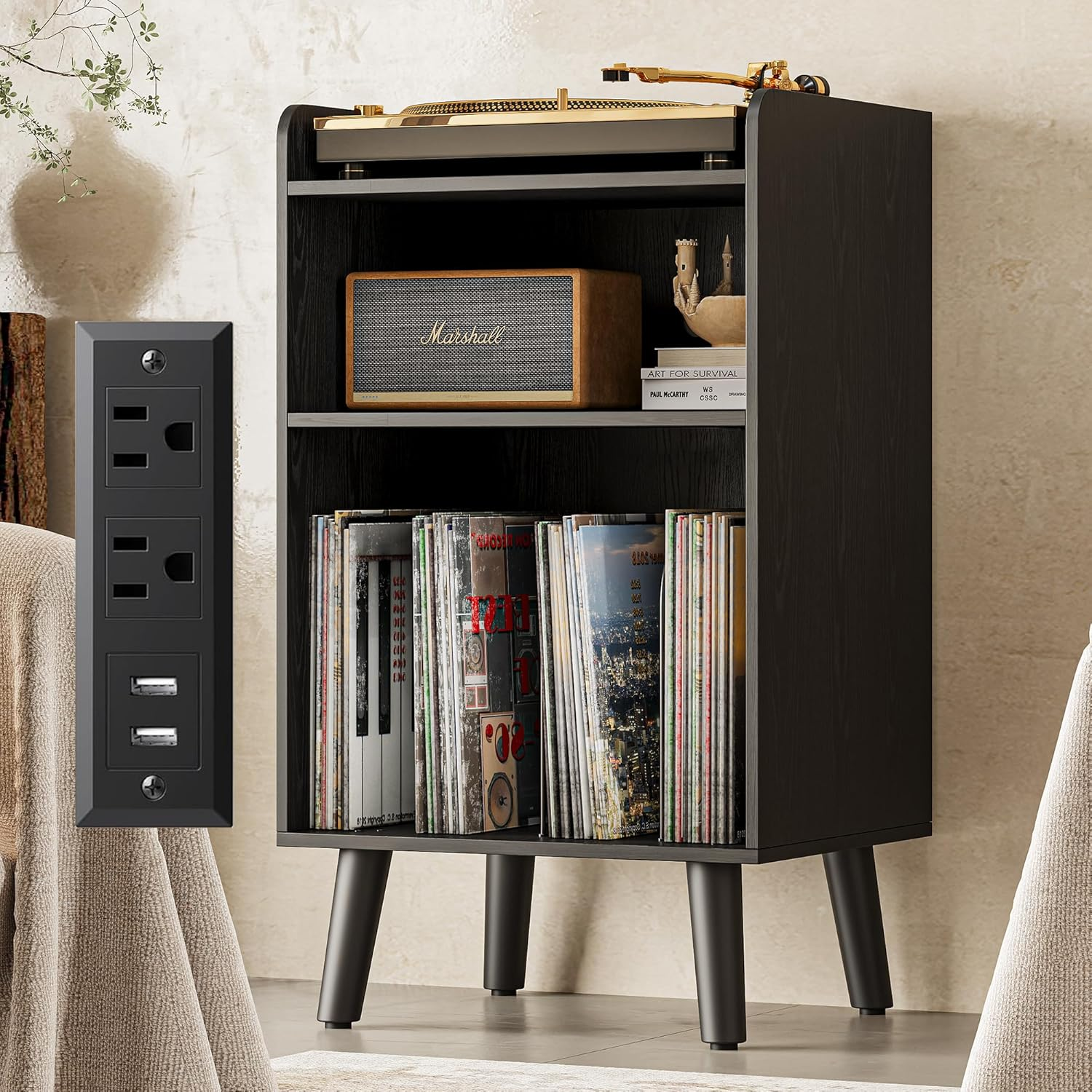Vintage Record Player Stand with Storage and USB Charging Station-image