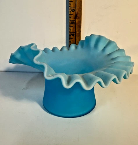 Vintage 1950s Blue Opalescent Ruffled Milk Glass Vase Bowl Candy 6" MCM Decor