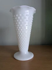 Vintage Anchor Hocking Hobnail Milk Glass Trumpet Flower Vase Ruffled Rim 