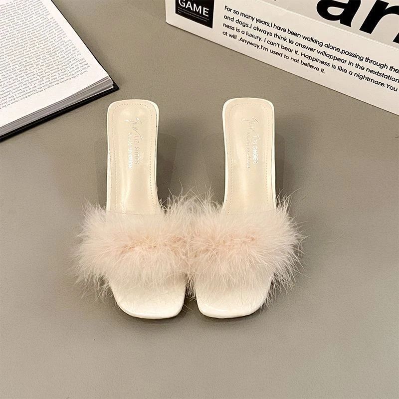 Women High Heels Slippers Fluffy Fur Peep Toe Stiletto Party Shoes Sandals Mules - Image 3 of 4